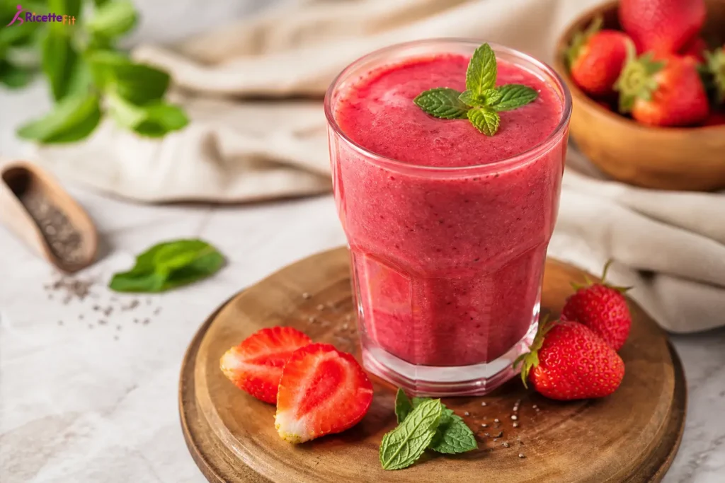 Frullato ai frutti di bosco fit con fragole, menta e semi di chia