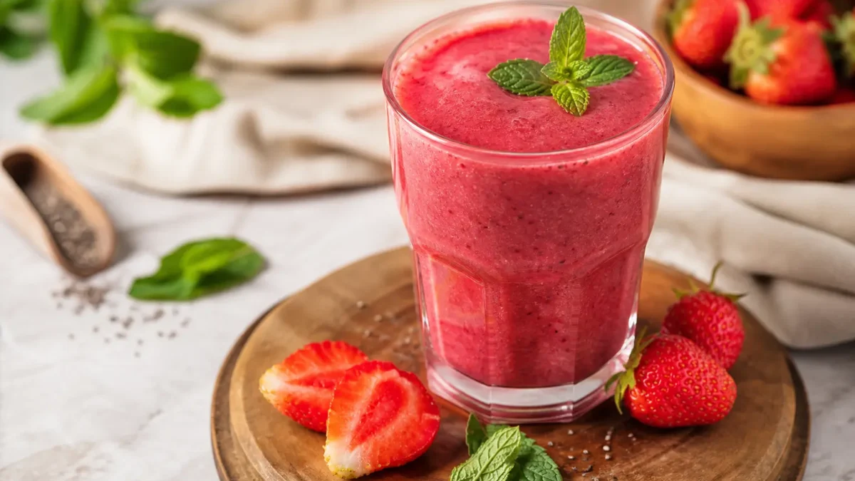 Frullato ai frutti di bosco fit con fragole, menta e semi di chia