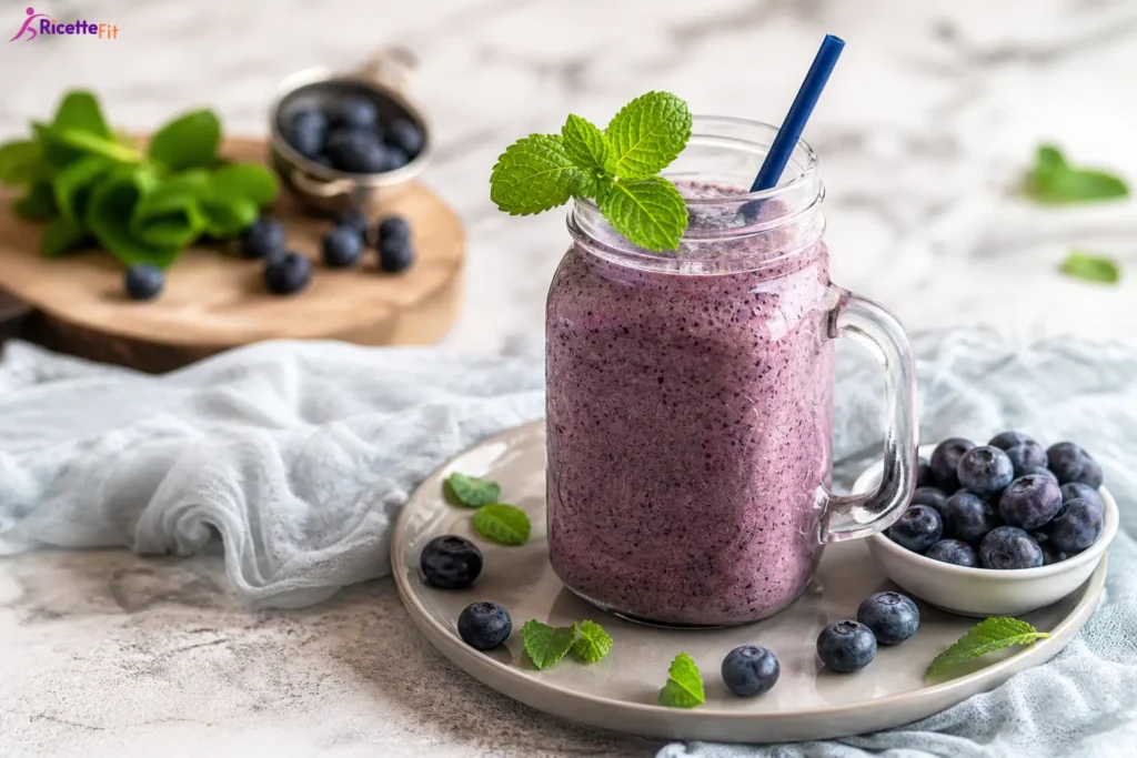 Frullato ai mirtilli fit con yogurt greco, banana, avena e menta fresca