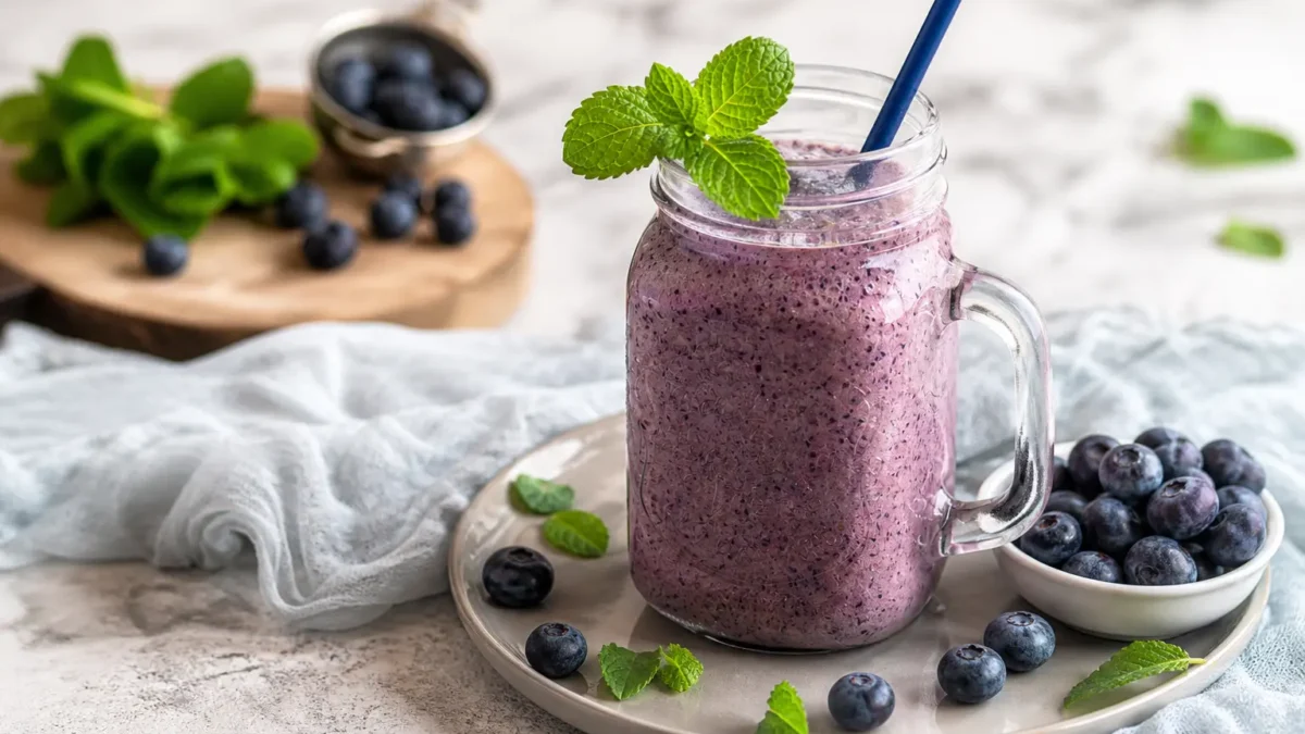 Frullato ai mirtilli fit con yogurt greco, banana, avena e menta fresca