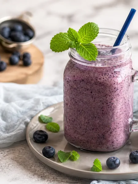 Frullato ai mirtilli fit con yogurt greco, banana, avena e menta fresca