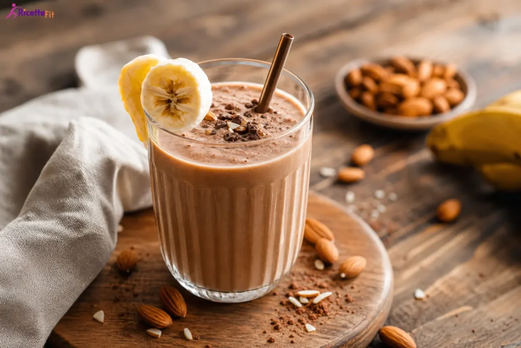 Frullato fit al caffè con banana, mandorle e cacao in bicchiere