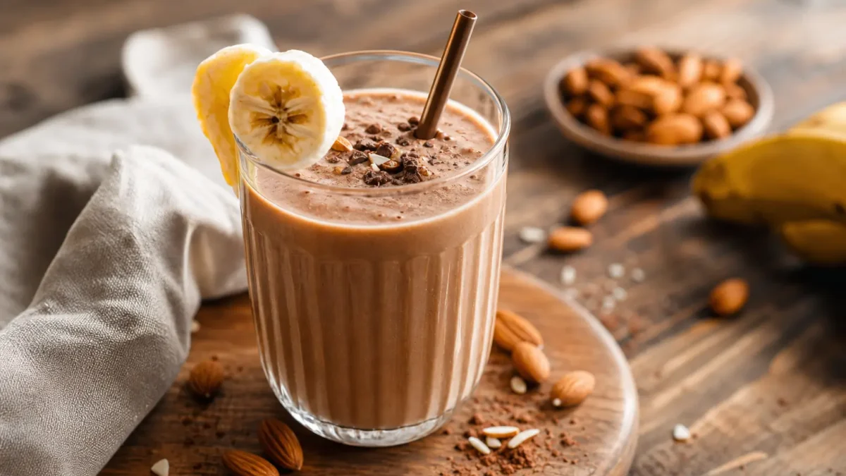 Frullato fit al caffè con banana, mandorle e cacao in bicchiere