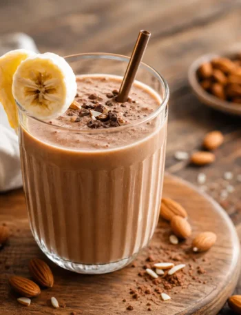 Frullato fit al caffè con banana, mandorle e cacao in bicchiere