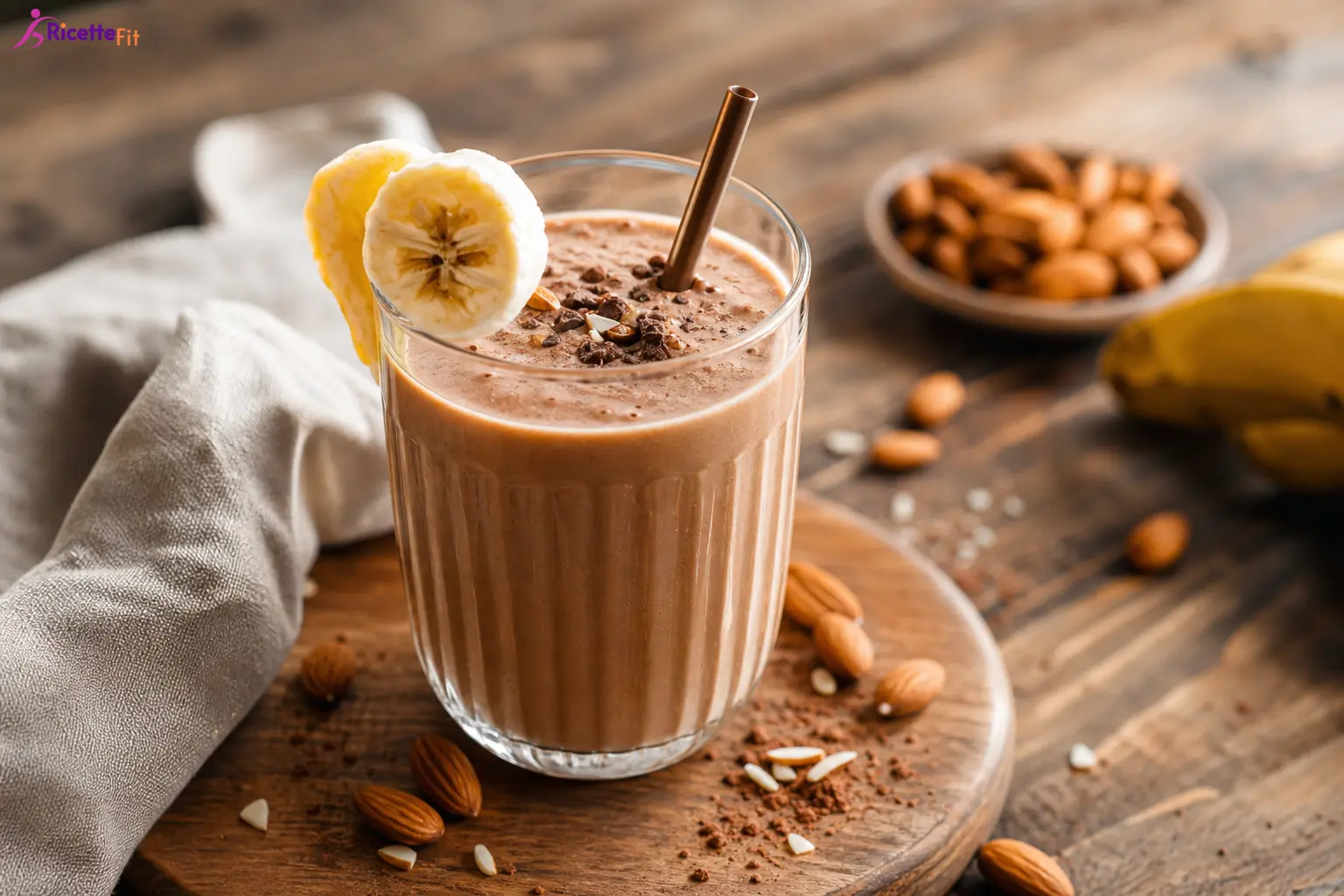 Frullato fit al caffè con banana, mandorle e cacao in bicchiere