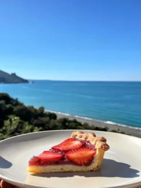 Fetta di galette fit alle fragole senza uova e senza latte vista mare a Cefalù