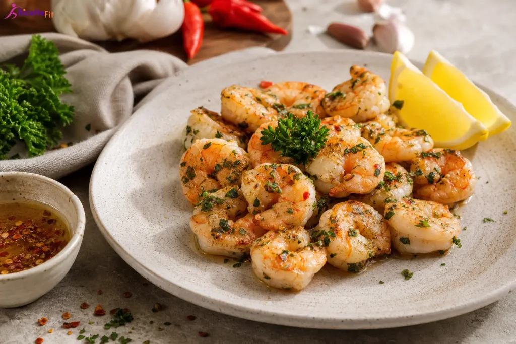 Gamberi saltati con aglio limone prezzemolo e peperoncino