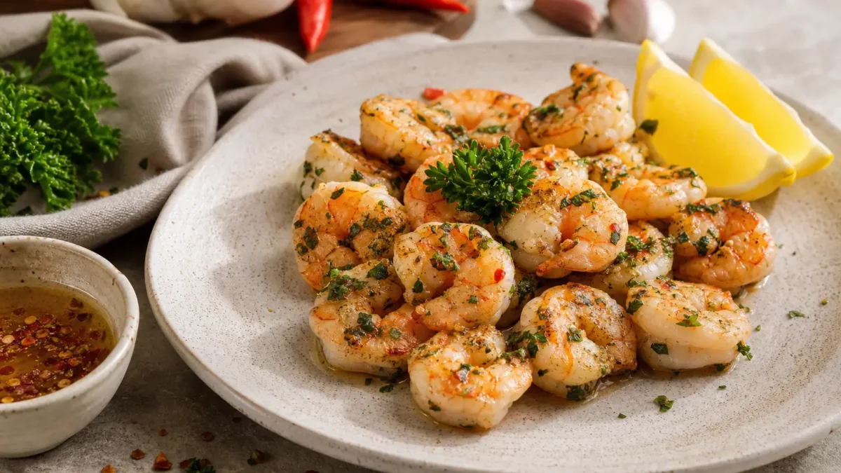 Gamberi saltati con aglio limone prezzemolo e peperoncino