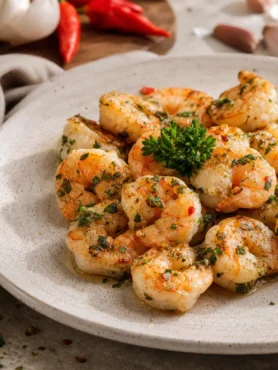 Gamberi saltati con aglio limone prezzemolo e peperoncino