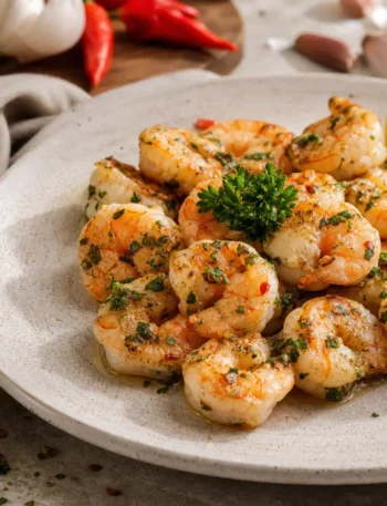 Gamberi saltati con aglio limone prezzemolo e peperoncino