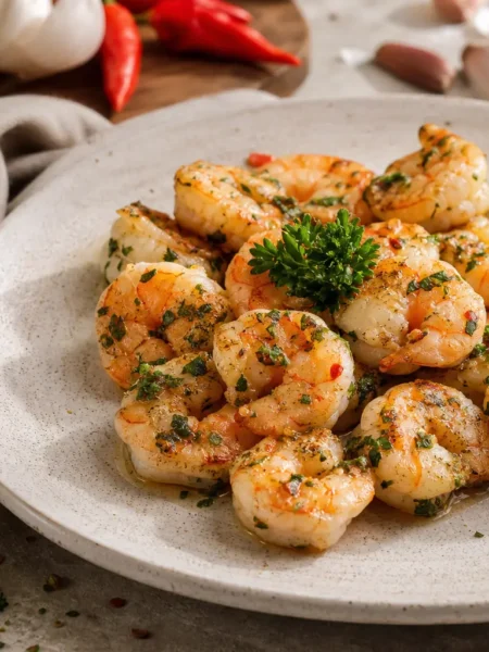 Gamberi saltati con aglio limone prezzemolo e peperoncino