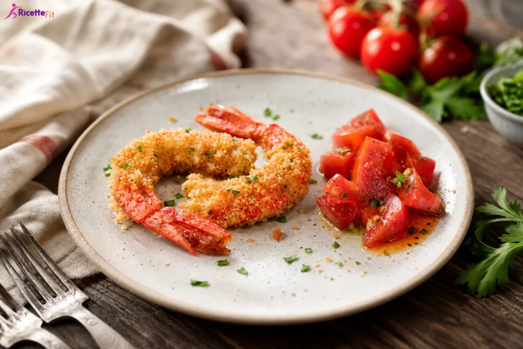 Gamberoni al forno con panatura di mandorle e pomodori conditi