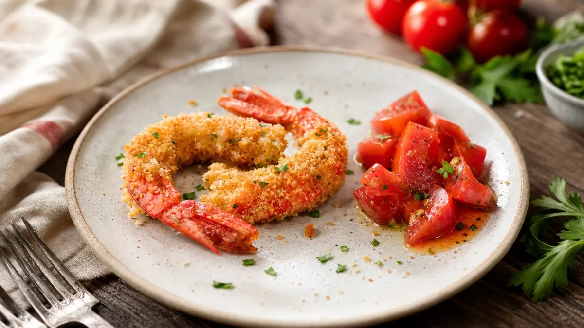 Gamberoni al forno con panatura di mandorle e pomodori conditi
