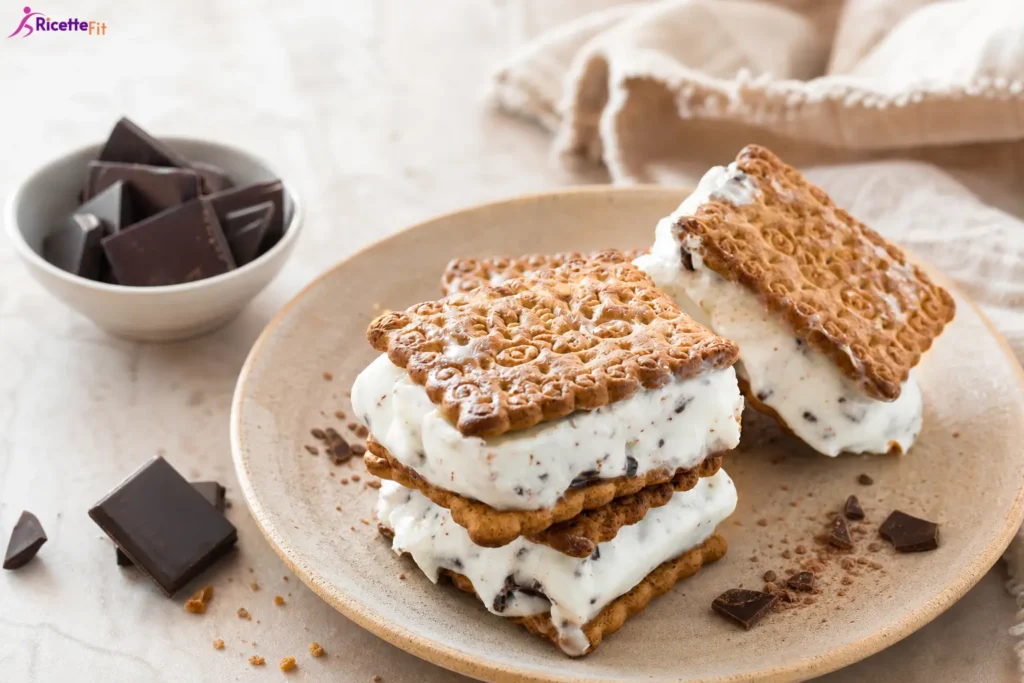 Gelato biscotto light con yogurt greco e scaglie di cioccolato fondente su piatto chiaro