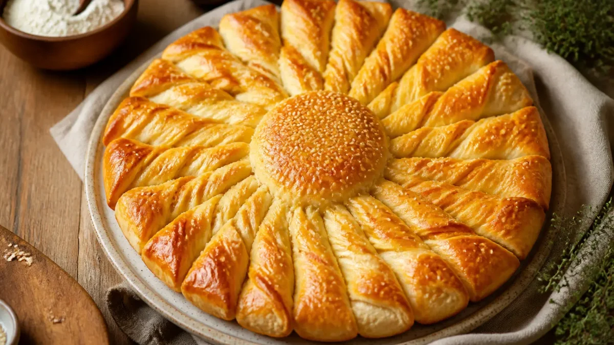 Girasole di pasta sfoglia con salmone e formaggio light dorato al forno