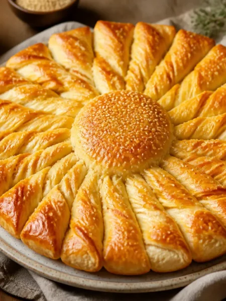 Girasole di pasta sfoglia con salmone e formaggio light dorato al forno
