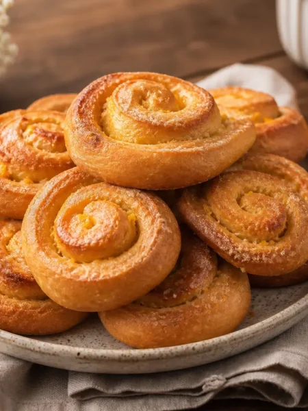 Girelle di farro alle arance senza uova dorate su piatto con arance fresche