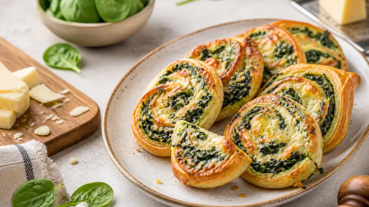 Girelle di pasta sfoglia con spinaci e formaggio dorate al forno