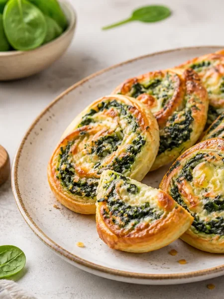 Girelle di pasta sfoglia con spinaci e formaggio dorate al forno
