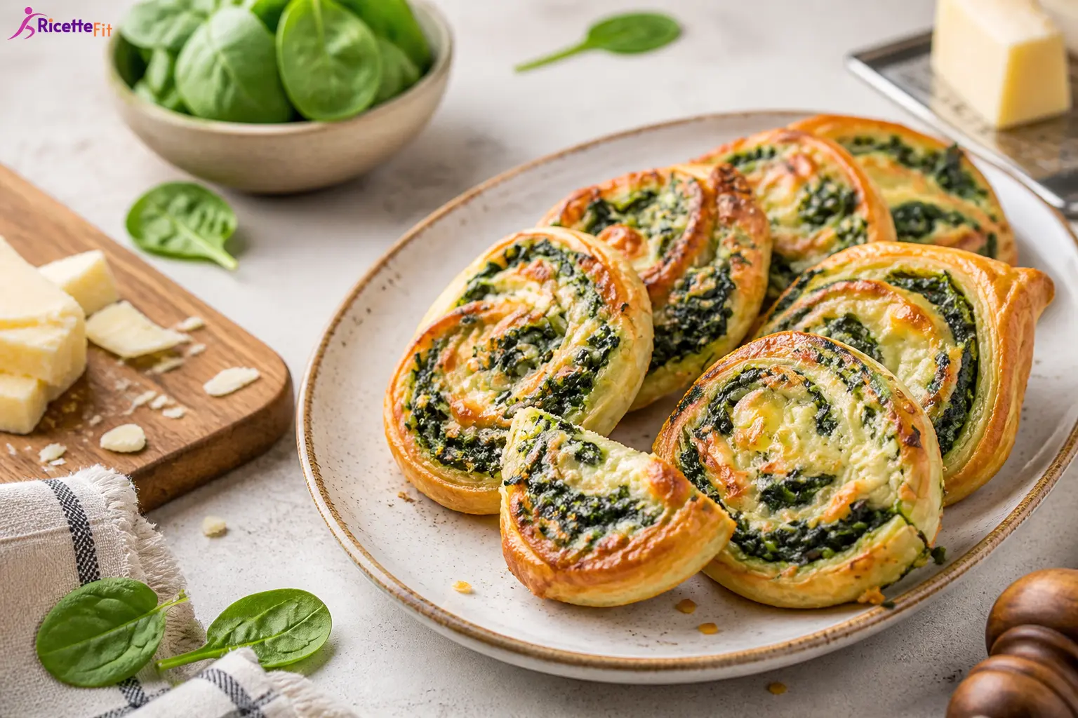 Girelle di pasta sfoglia con spinaci e formaggio dorate al forno