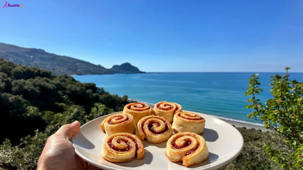 Girelle vegan con marmellata di fragole su piatto vista mare a Cefalù