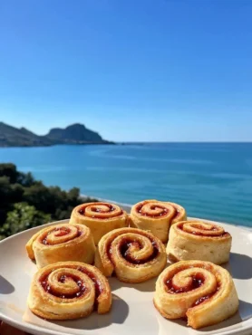 Girelle vegan con marmellata di fragole su piatto vista mare a Cefalù