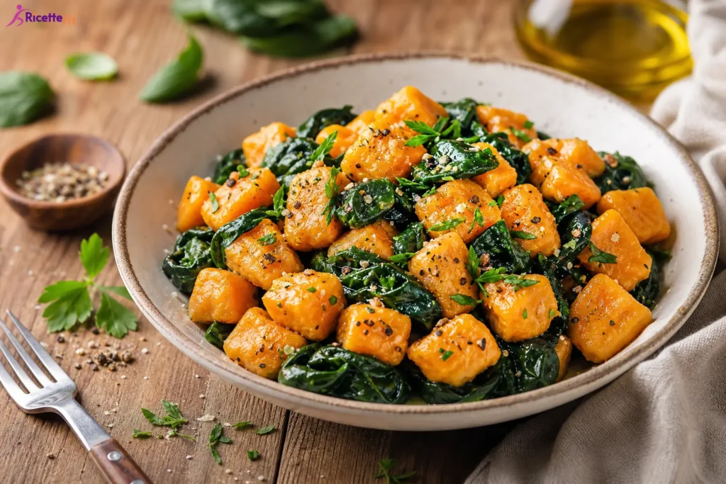 Gnocchi di carote vegan con spinaci saltati in padella
