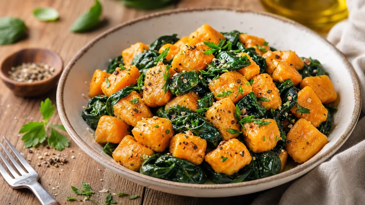 Gnocchi di carote vegan con spinaci saltati in padella