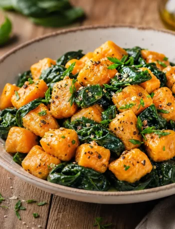 Gnocchi di carote vegan con spinaci saltati in padella
