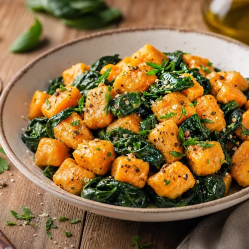 Gnocchi di carote vegan con spinaci saltati