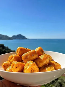 Gnocchi di zucca proteici vegan in ciotola bianca vista mare a Cefalù