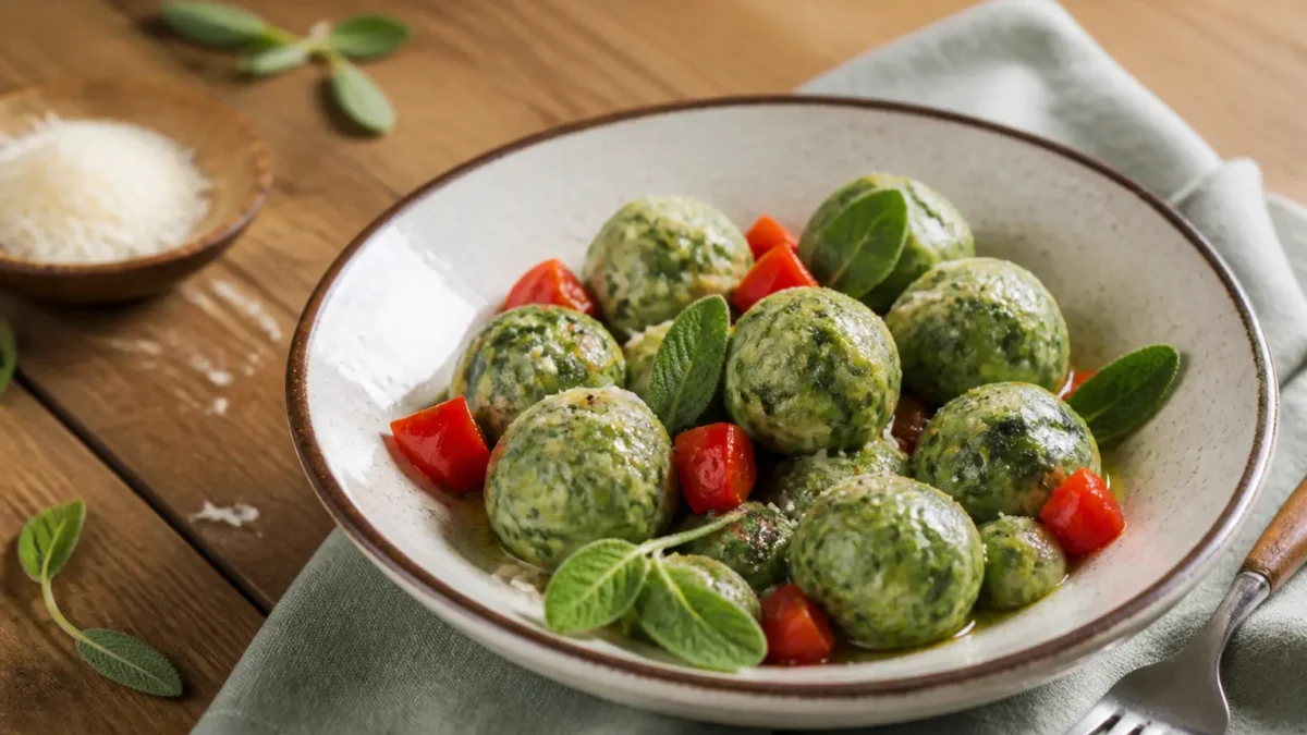 Gnudi ricotta e spinaci con pomodorini e salvia in ciotola