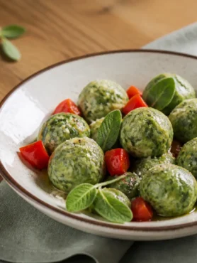 Gnudi ricotta e spinaci con pomodorini e salvia in ciotola