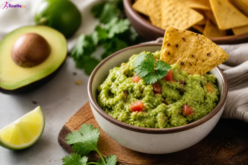 Guacamole light con avocado, lime, coriandolo e chips di mais