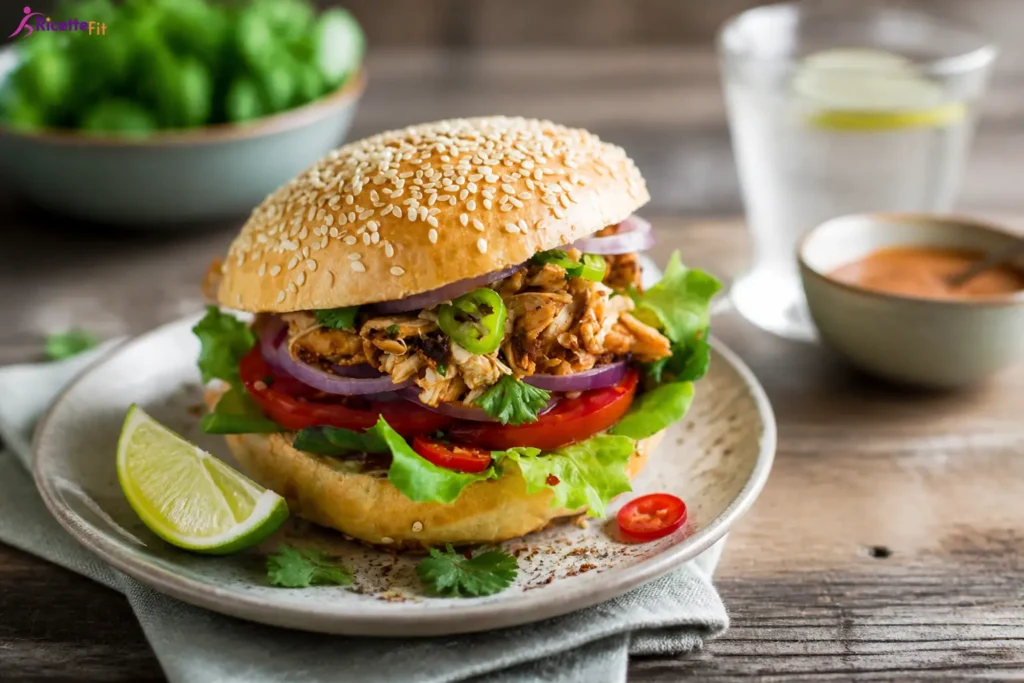Hamburger di pollo fit con pane al sesamo, verdure e salsa yogurt