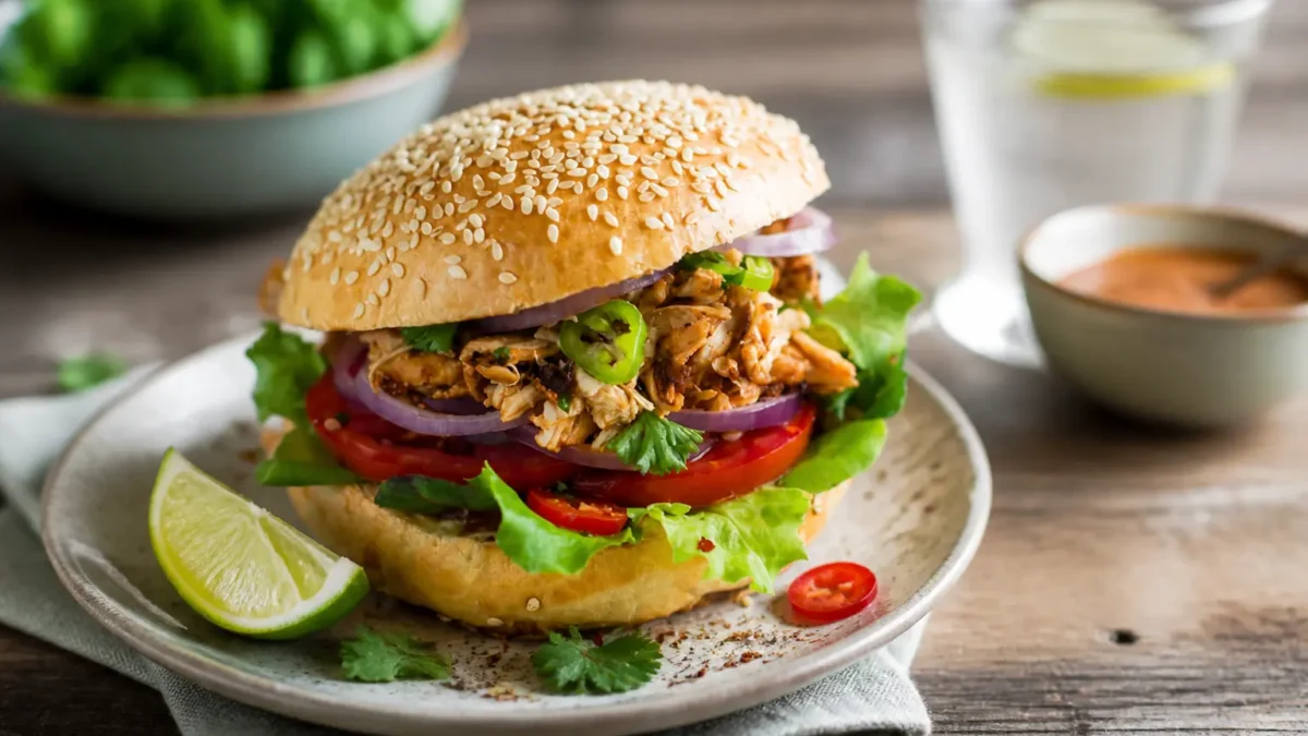 Hamburger di pollo fit con pane al sesamo, verdure e salsa yogurt
