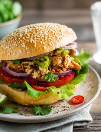 Hamburger di pollo fit con pane al sesamo, verdure e salsa yogurt