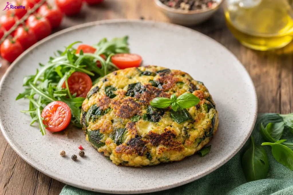 Hamburger di zucchine fit con rucola, pomodorini e basilico fresco