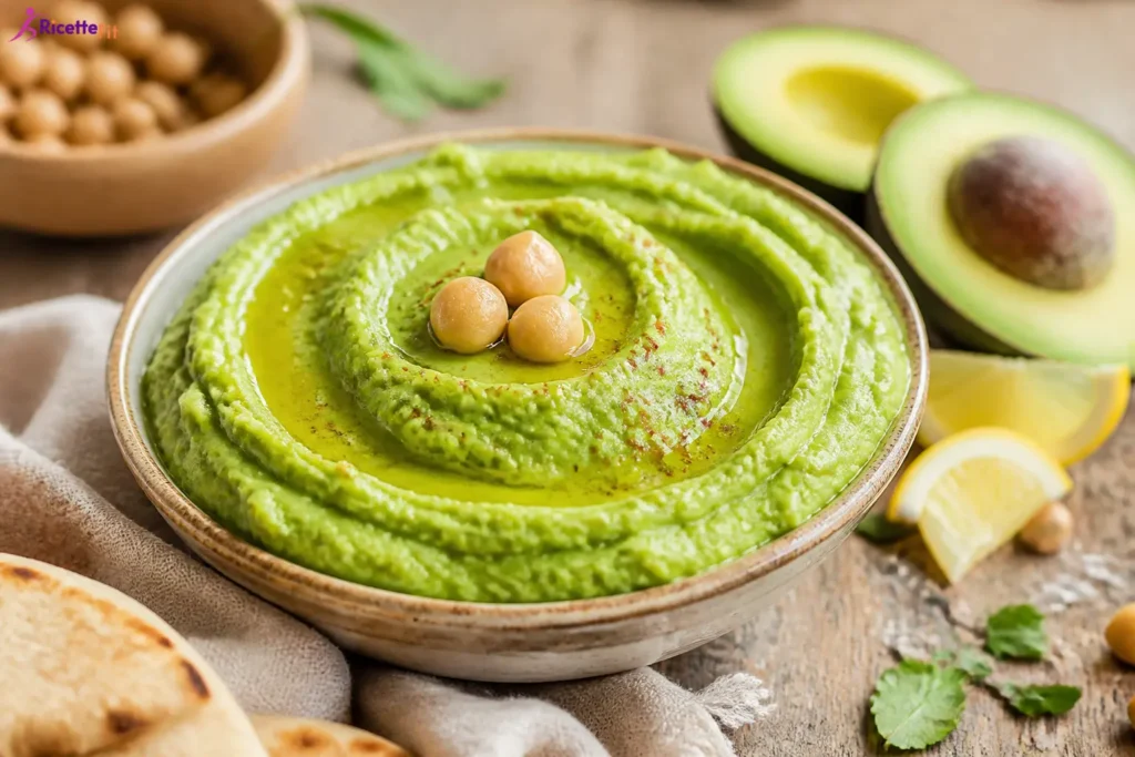 Hummus di ceci e avocado con olio extravergine, paprika e ceci interi