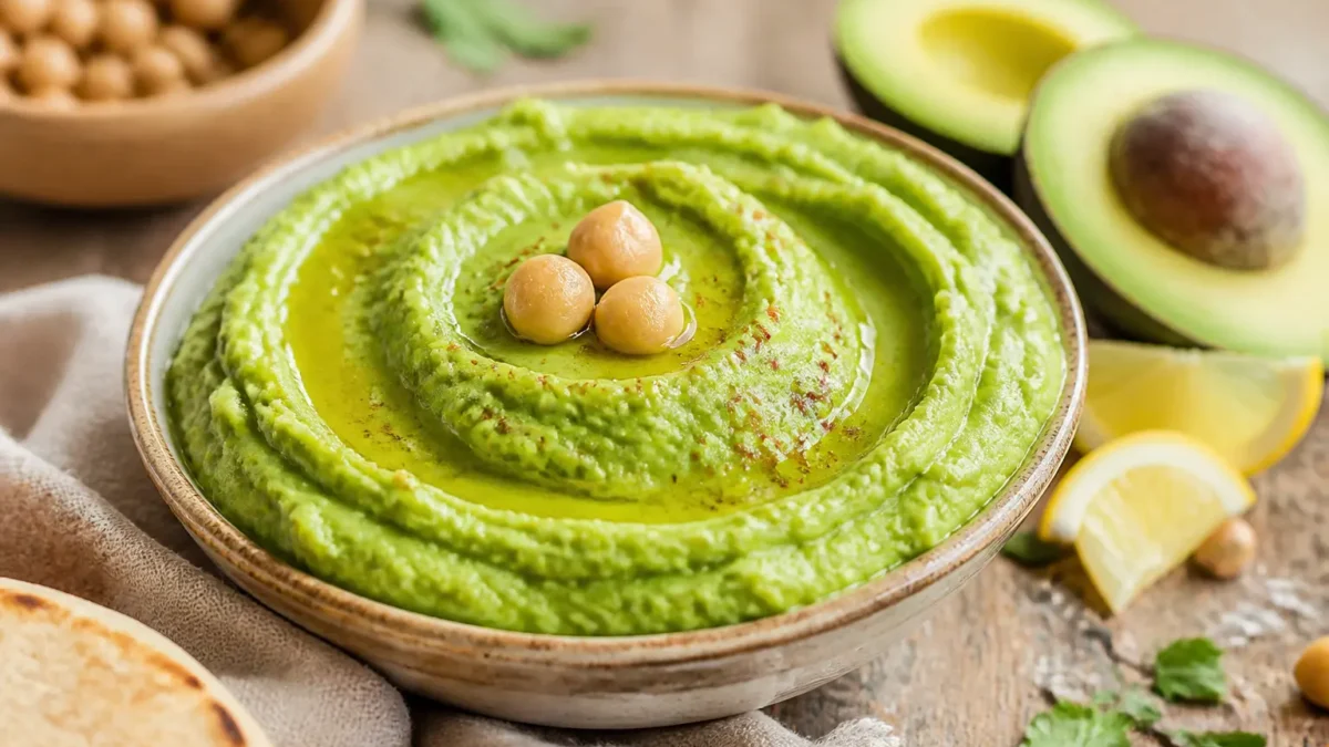 Hummus di ceci e avocado con olio extravergine, paprika e ceci interi