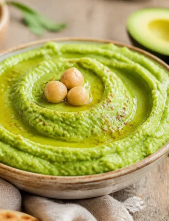 Hummus di ceci e avocado con olio extravergine, paprika e ceci interi