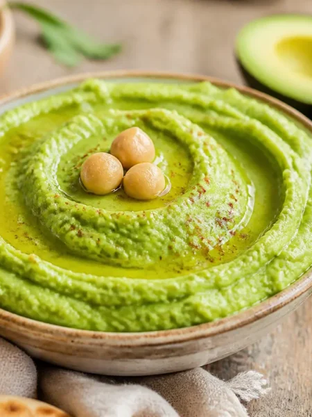 Hummus di ceci e avocado con olio extravergine, paprika e ceci interi