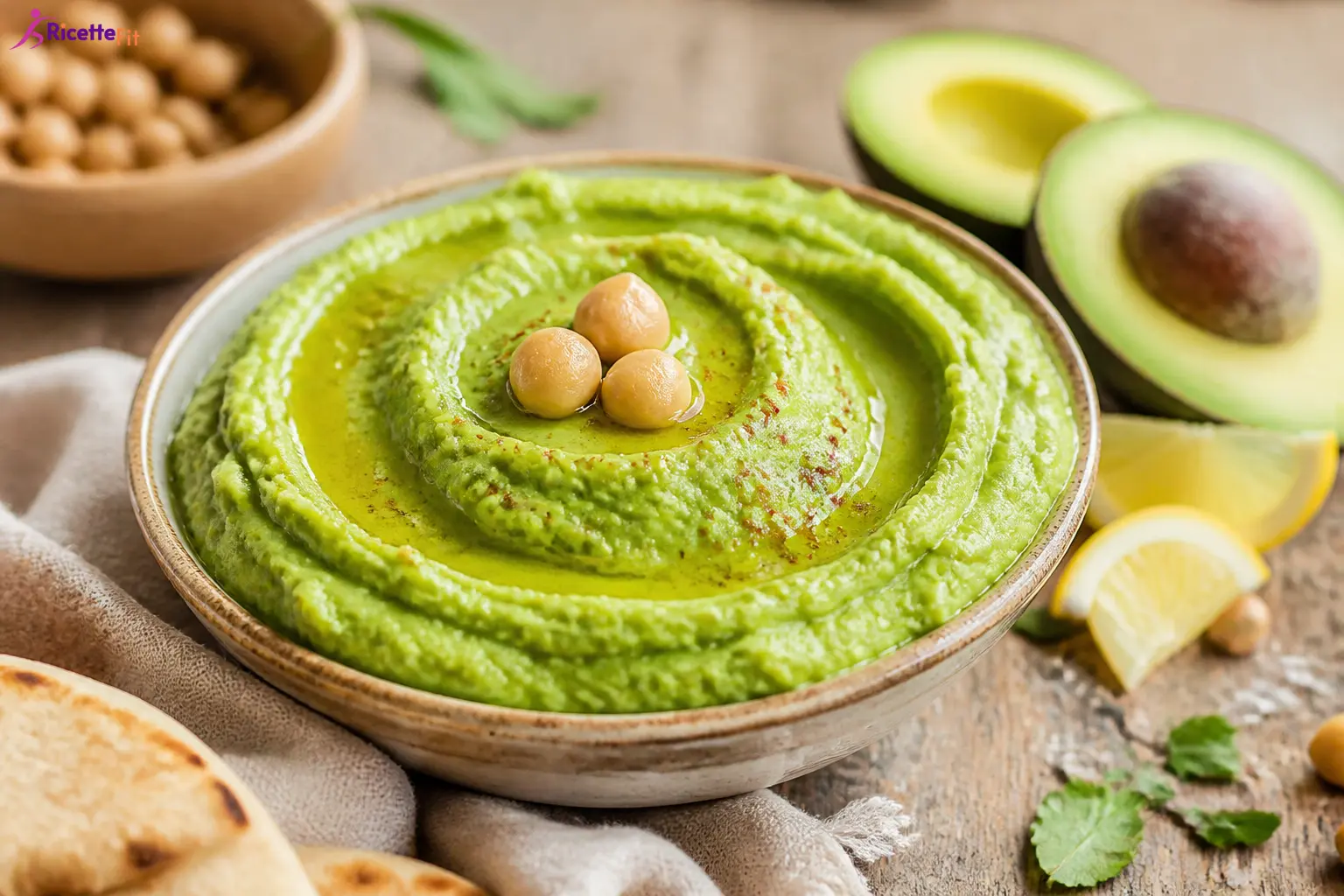 Hummus di ceci e avocado con olio extravergine, paprika e ceci interi