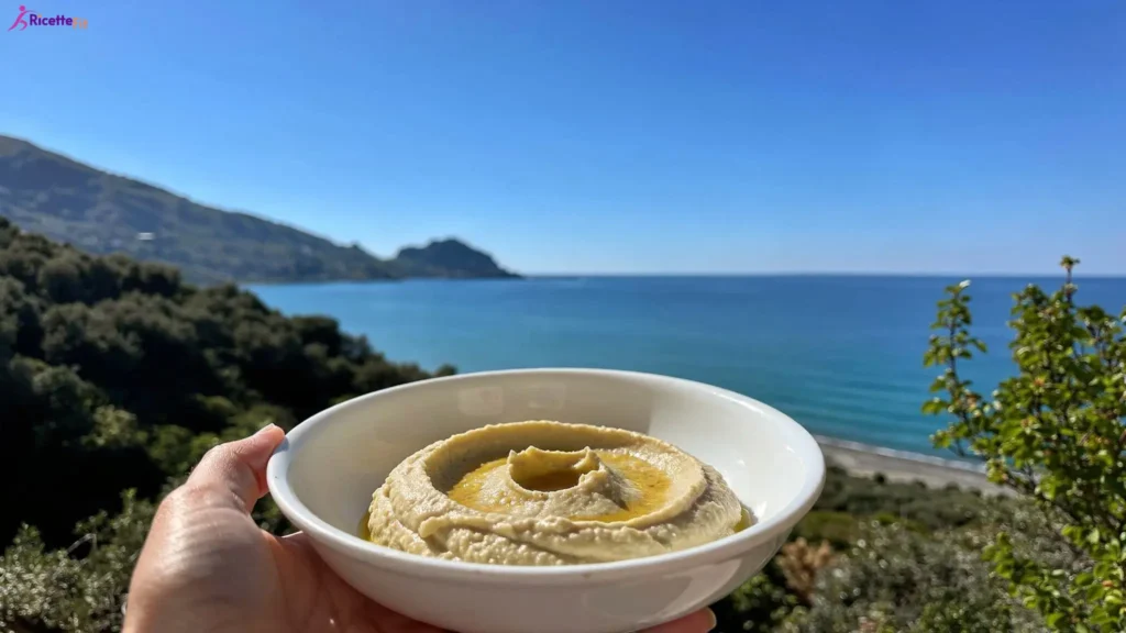 Hummus di ceci leggero senza tahina con olio extravergine vista mare a Cefalù