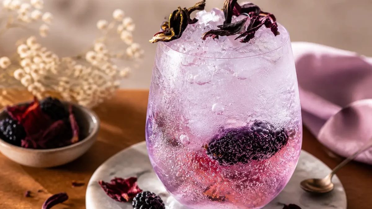 Infuso freddo di ibisco e lime con more e ghiaccio