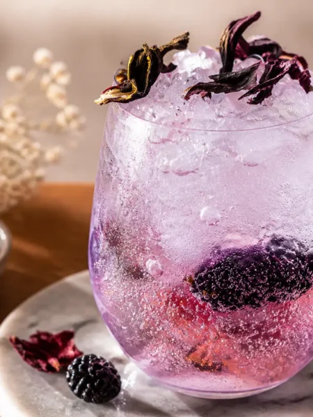 Infuso freddo di ibisco e lime con more e ghiaccio