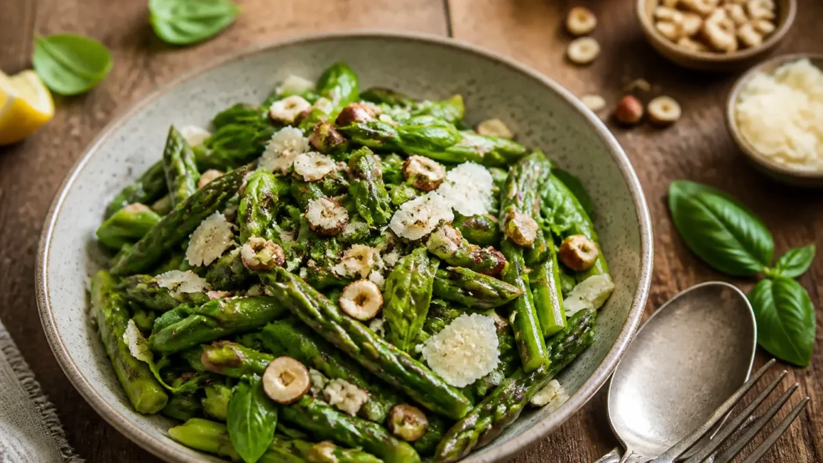 Insalata di asparagi verdi con parmigiano, nocciole e menta