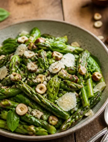Insalata di asparagi verdi con parmigiano, nocciole e menta