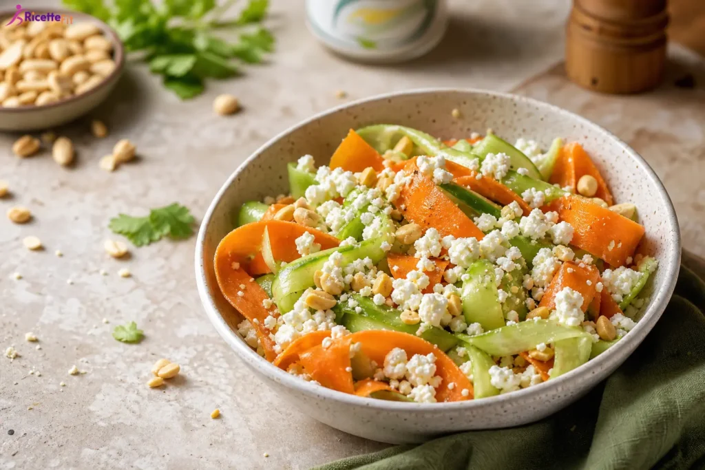 Insalata con feta, quinoa, cetrioli e carote a nastri