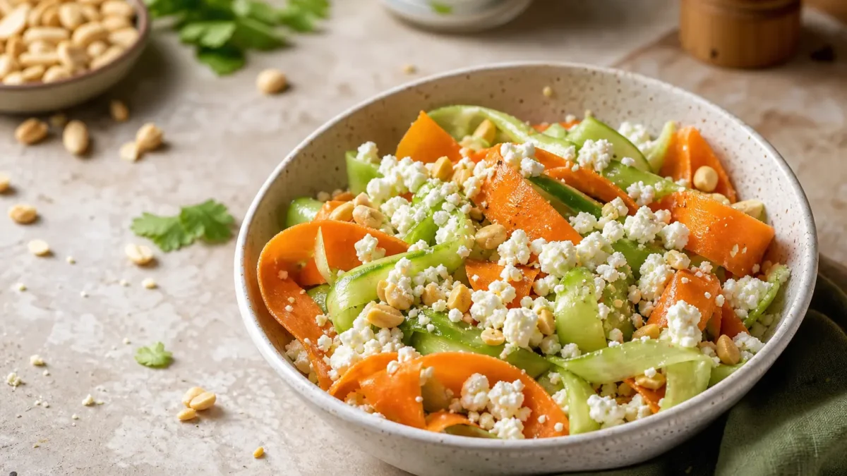 Insalata con feta, quinoa, cetrioli e carote a nastri